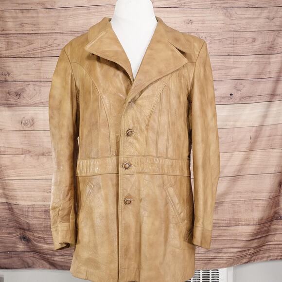Grais Cabretta Leather Jacket Mens 44 Long Tan Glazed Aniline Car Coat Lined - Picture 3 of 12